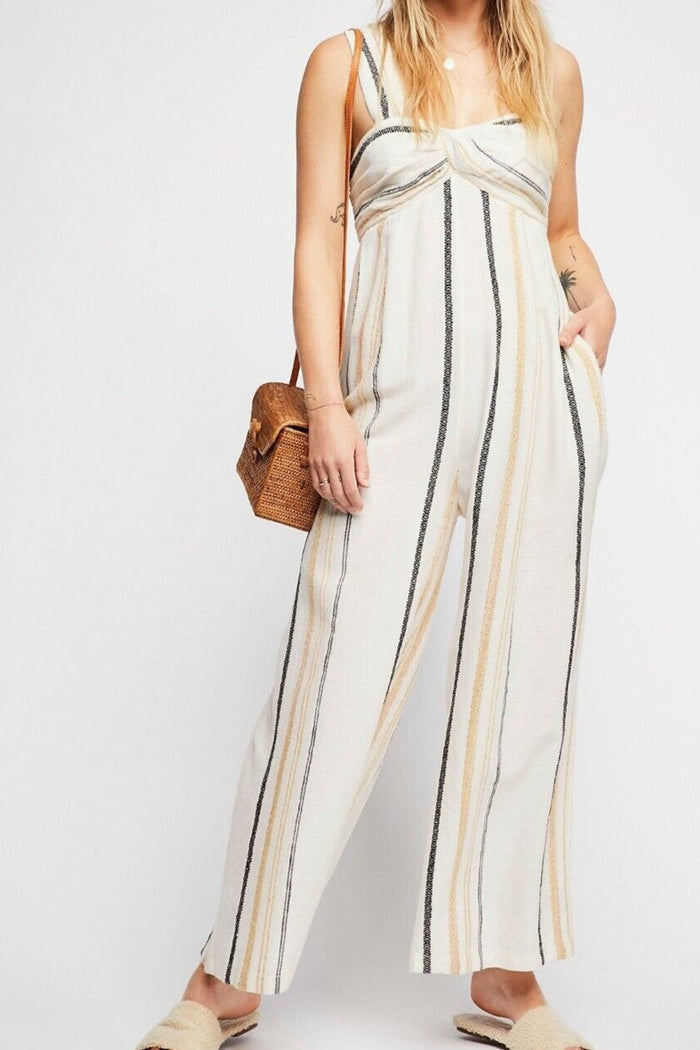Free People Womens Breezin Through Striped Jumpsuit in Beige