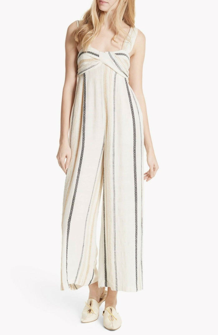 Free People Womens Breezin Through Striped Jumpsuit in Beige
