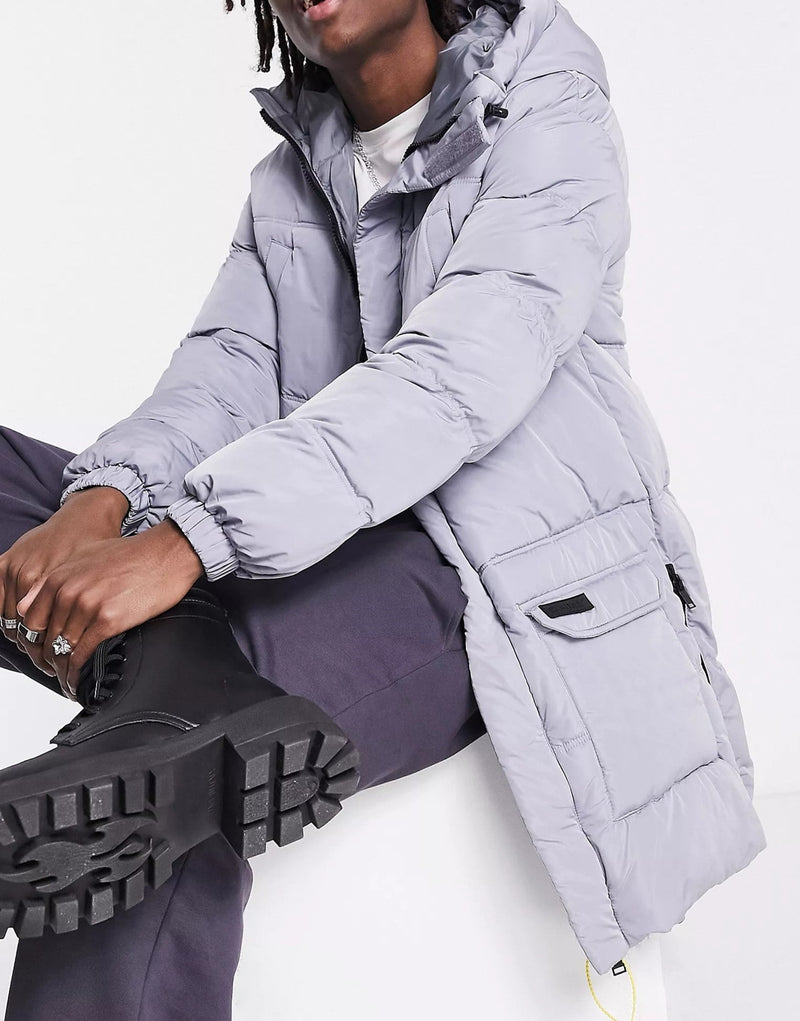 Sixth June Mens Long Line Padded Jacket With Zip Detailing In Light Grey