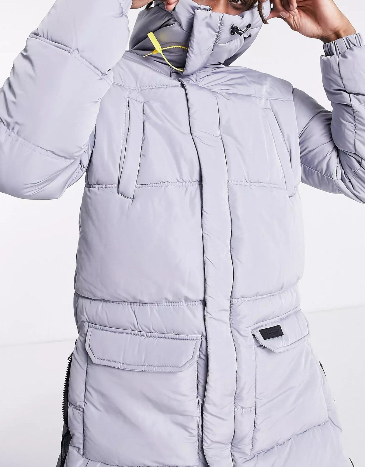 Sixth June Mens Long Line Padded Jacket With Zip Detailing In Light Grey
