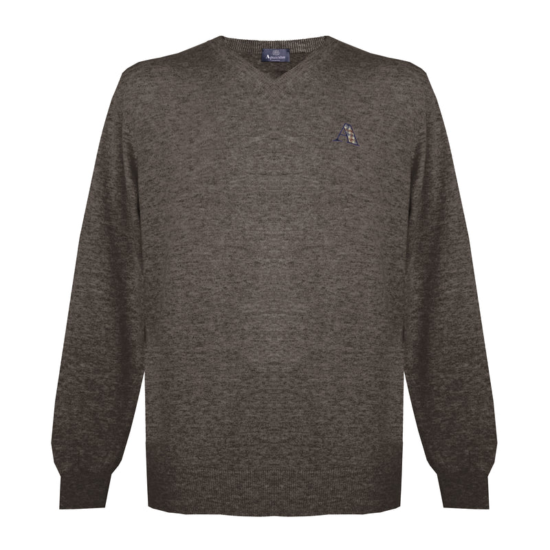 Aquascutum Mens Long Sleeved/V-Neck Knitwear Jumper with Logo in Grey/Brown