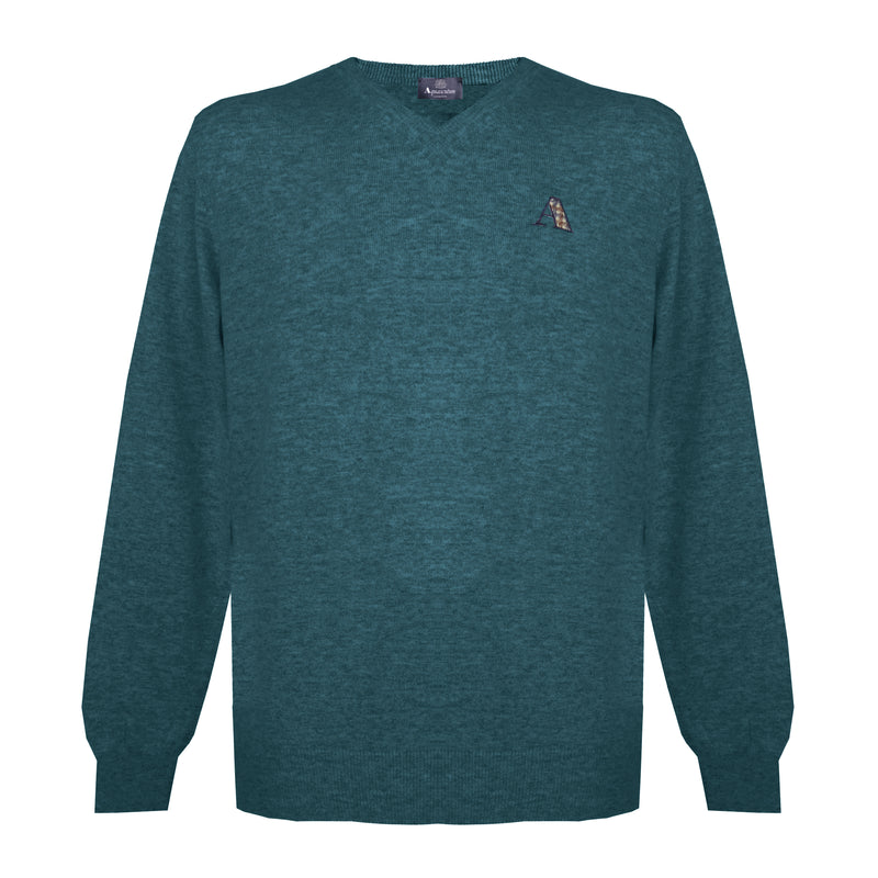 Aquascutum Mens Long Sleeved/V-Neck Knitwear Jumper with Logo in Turquoise