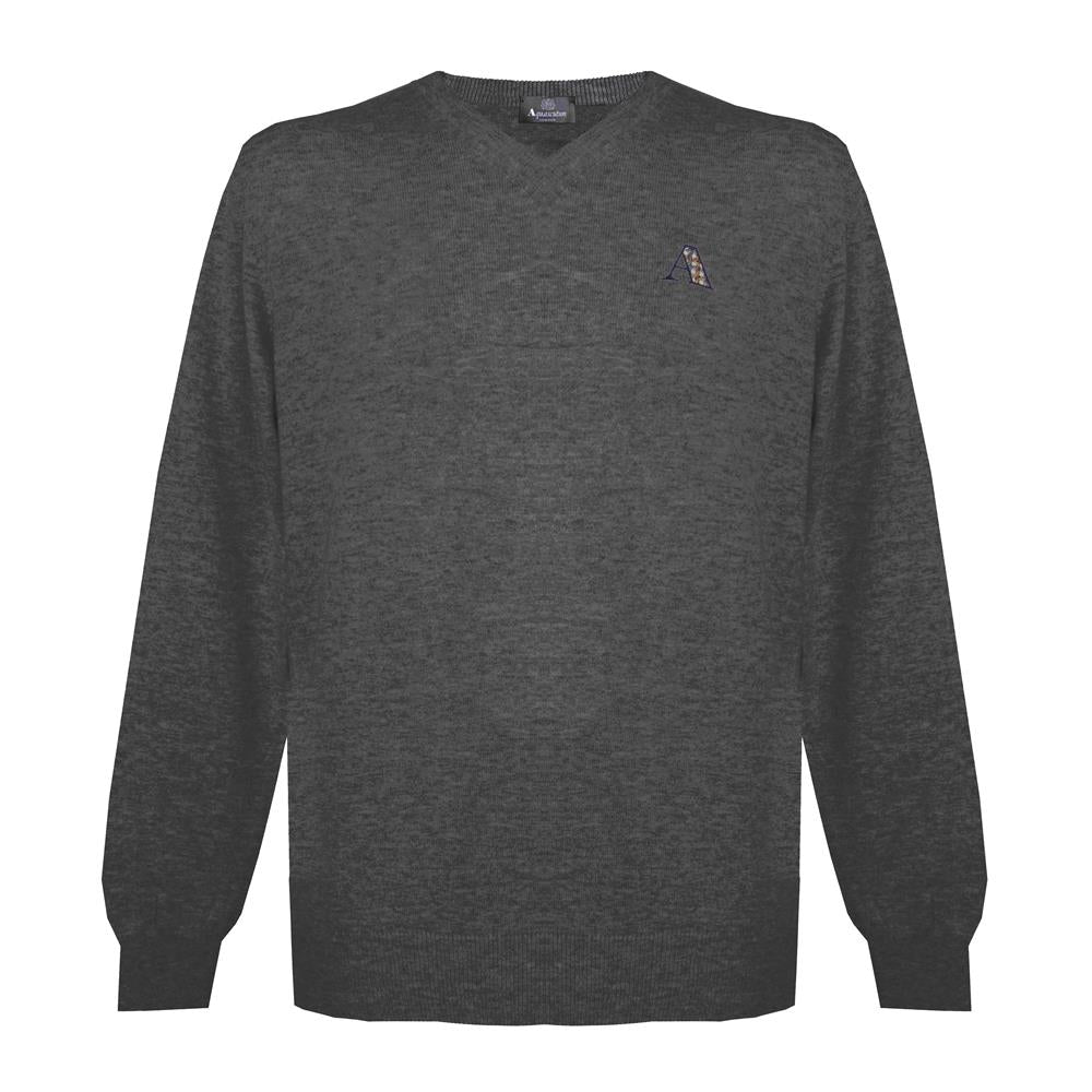 Aquascutum Mens Long Sleeved/V-Neck Knitwear Jumper with Logo in Ultra Dark Grey