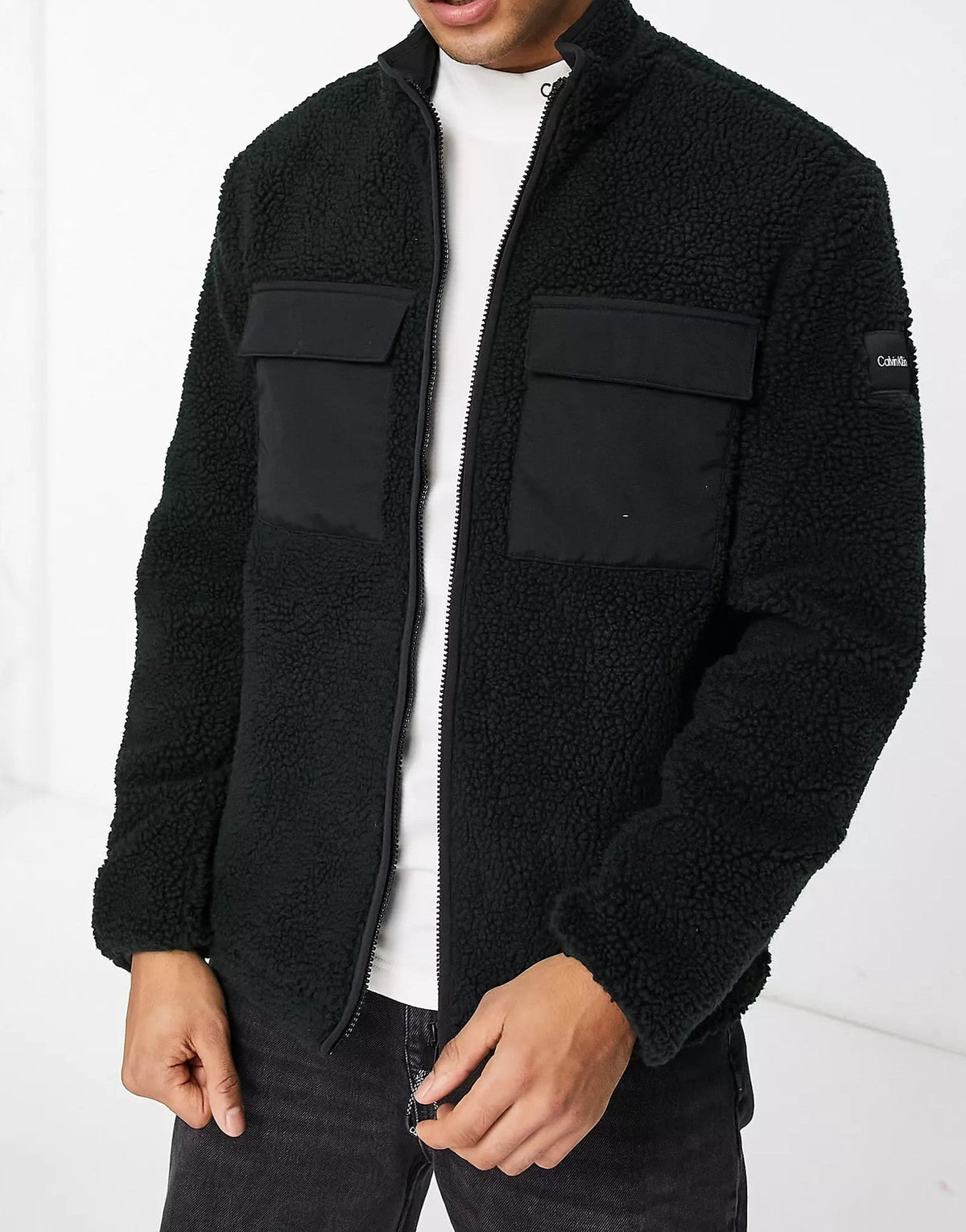 Calvin Klein Mens Mix Media Fleece Jacket In Black