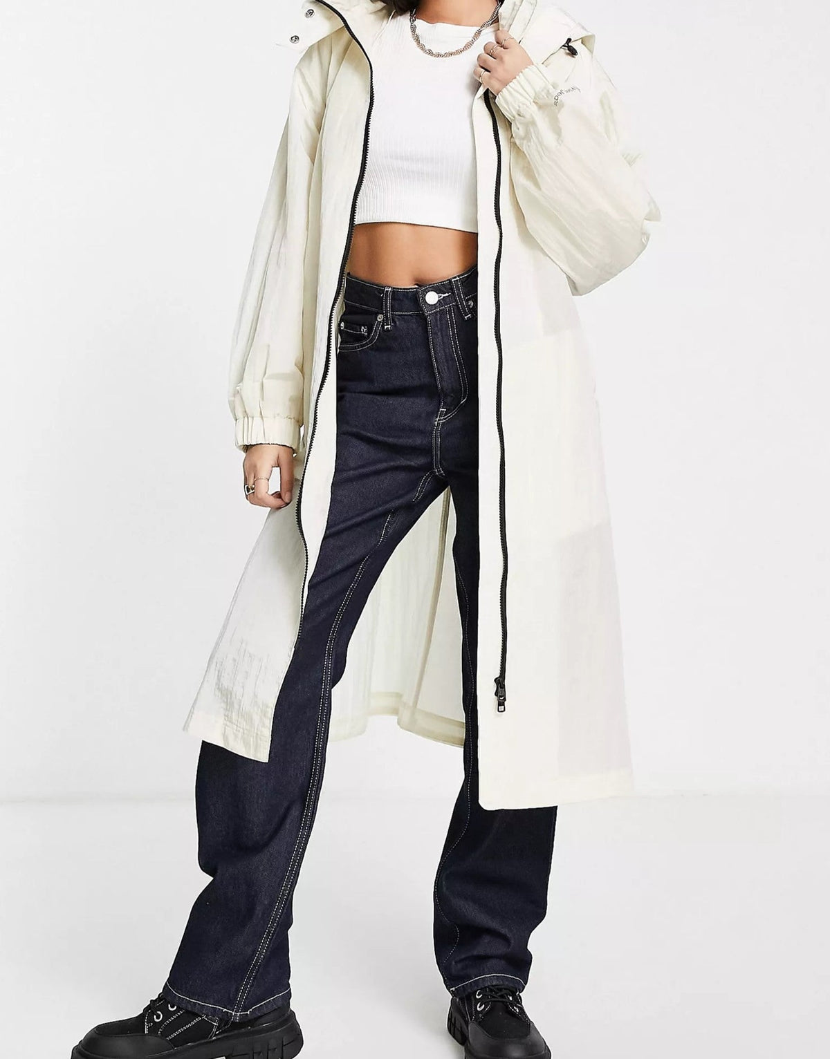 Calvin Klein Jeans Womens Logo Belt Hooded Jacket in Cream
