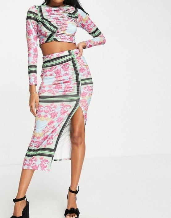 In The Style X Liberty Exclusive Womens Ruched Long Sleeve Crop Top Co-Ord In Multi Floral