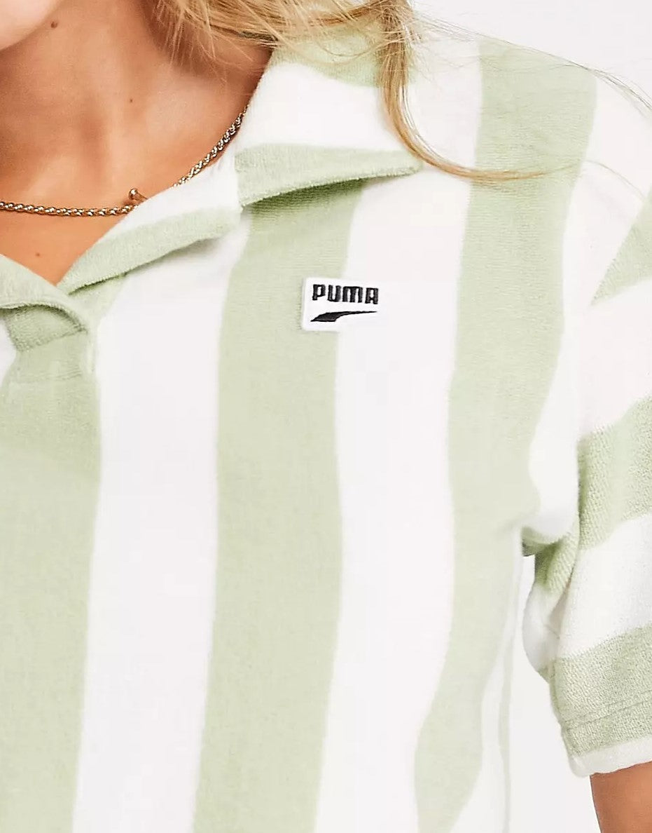 Puma Womens Downtown Towelling Crop Polo Shirt In Green Stripe