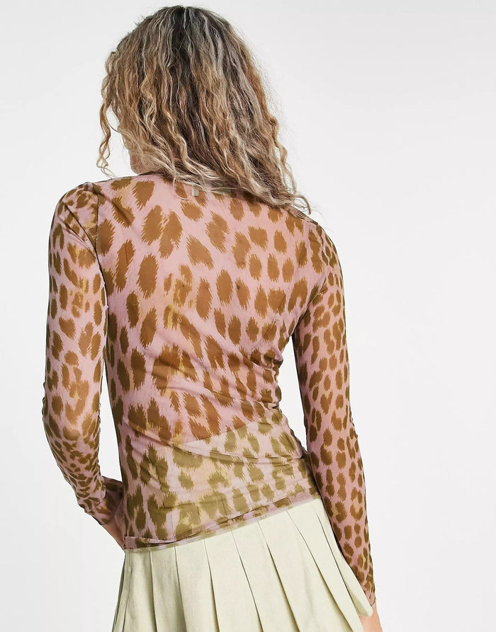 Weekday Womens Polyester Blur Long Sleeve Mesh Top In Animal Print
