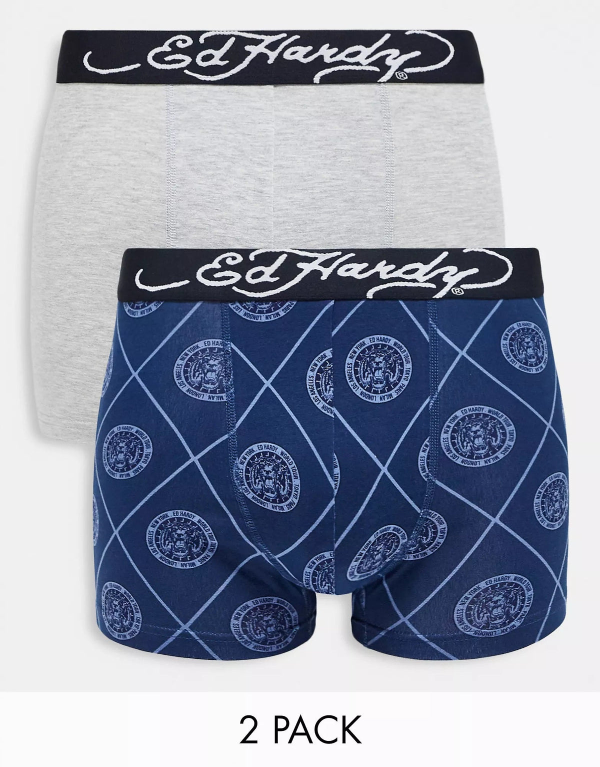 Ed Hardy Mens 2 Pack Boxers Logo Jaquard Waistband Boxers In Navy And Grey