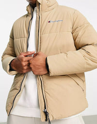 Champion Mens Small Logo Puffer Jacket In Tan