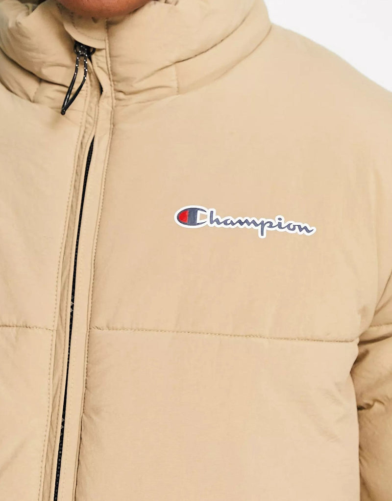 Champion Mens Small Logo Puffer Jacket In Tan