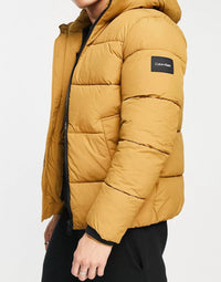Calvin Klein Mens Crinkle Nylon Hooded Puffer Jacket In Tan