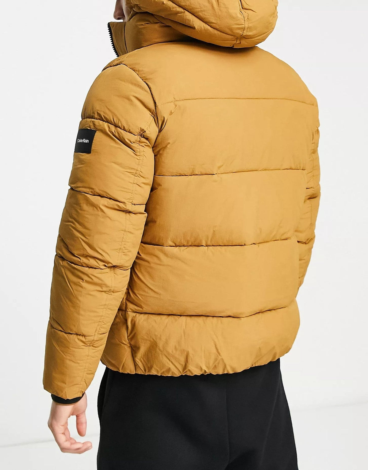 Calvin Klein Mens Crinkle Nylon Hooded Puffer Jacket In Tan