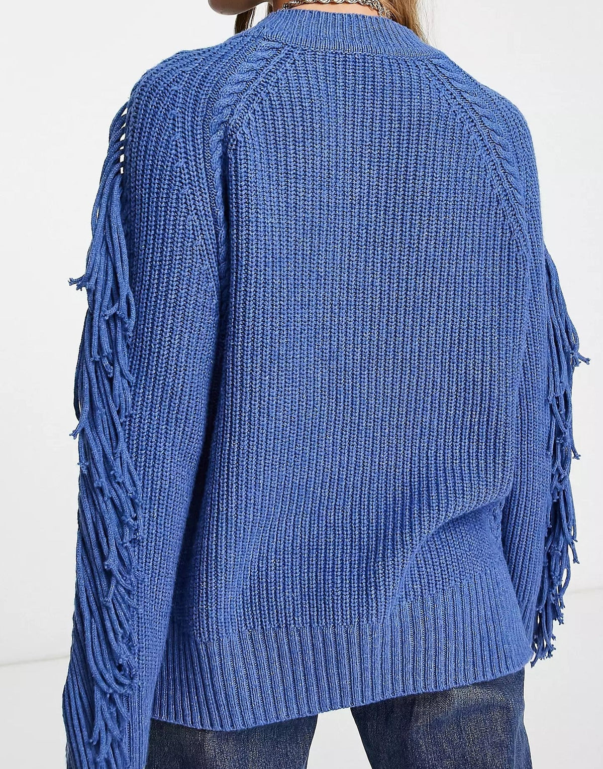 Whistles Womens Oversized Cable Knit Jumper With Fringe Sleeves In Bold Blue