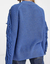 Whistles Womens Oversized Cable Knit Jumper With Fringe Sleeves In Bold Blue