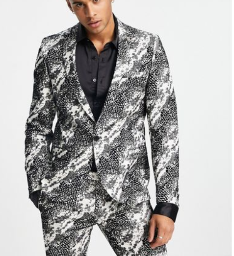 Twisted Tailor Mens Lasek Skinny Suit Jacket In White Jacquard With Snakeskin Flocking