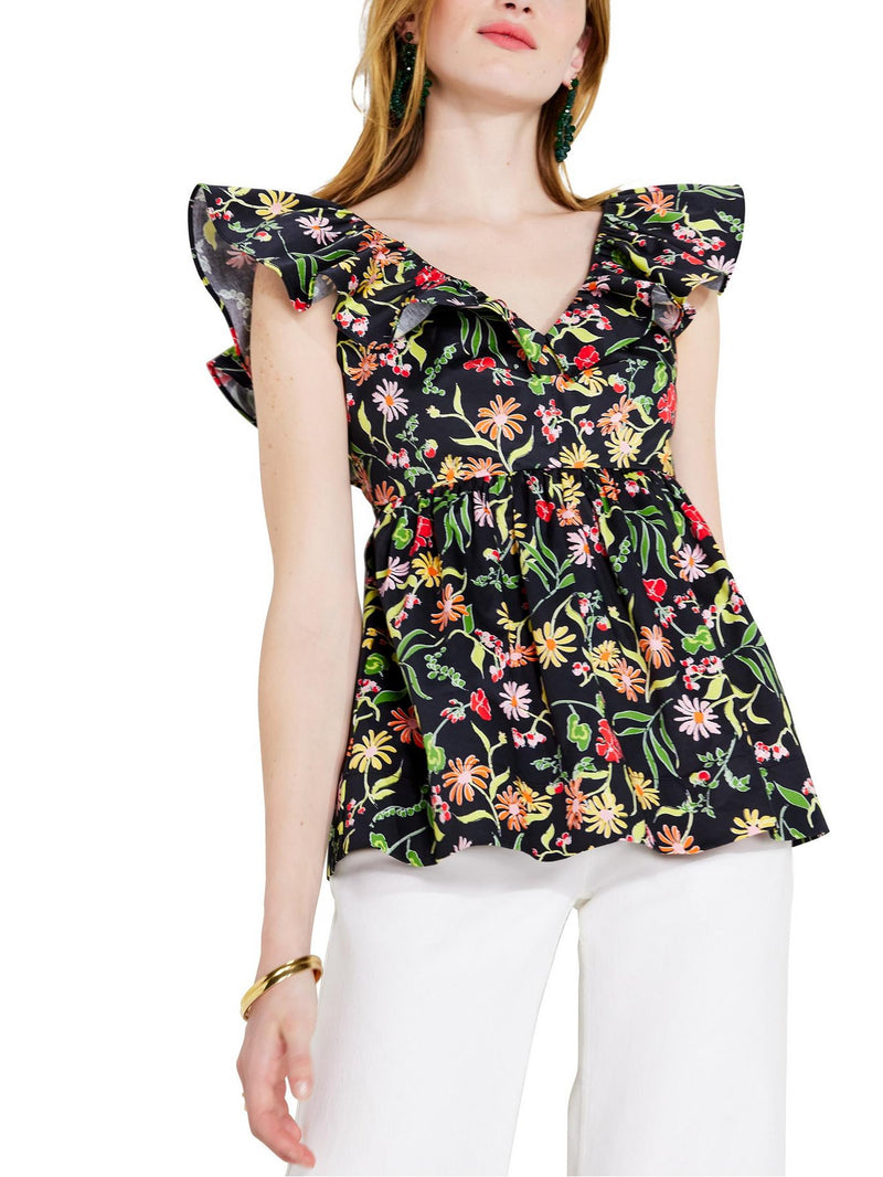 Womens Kate Spade New York Rooftop Garden Floral Ruffle Tops in Black Multi
