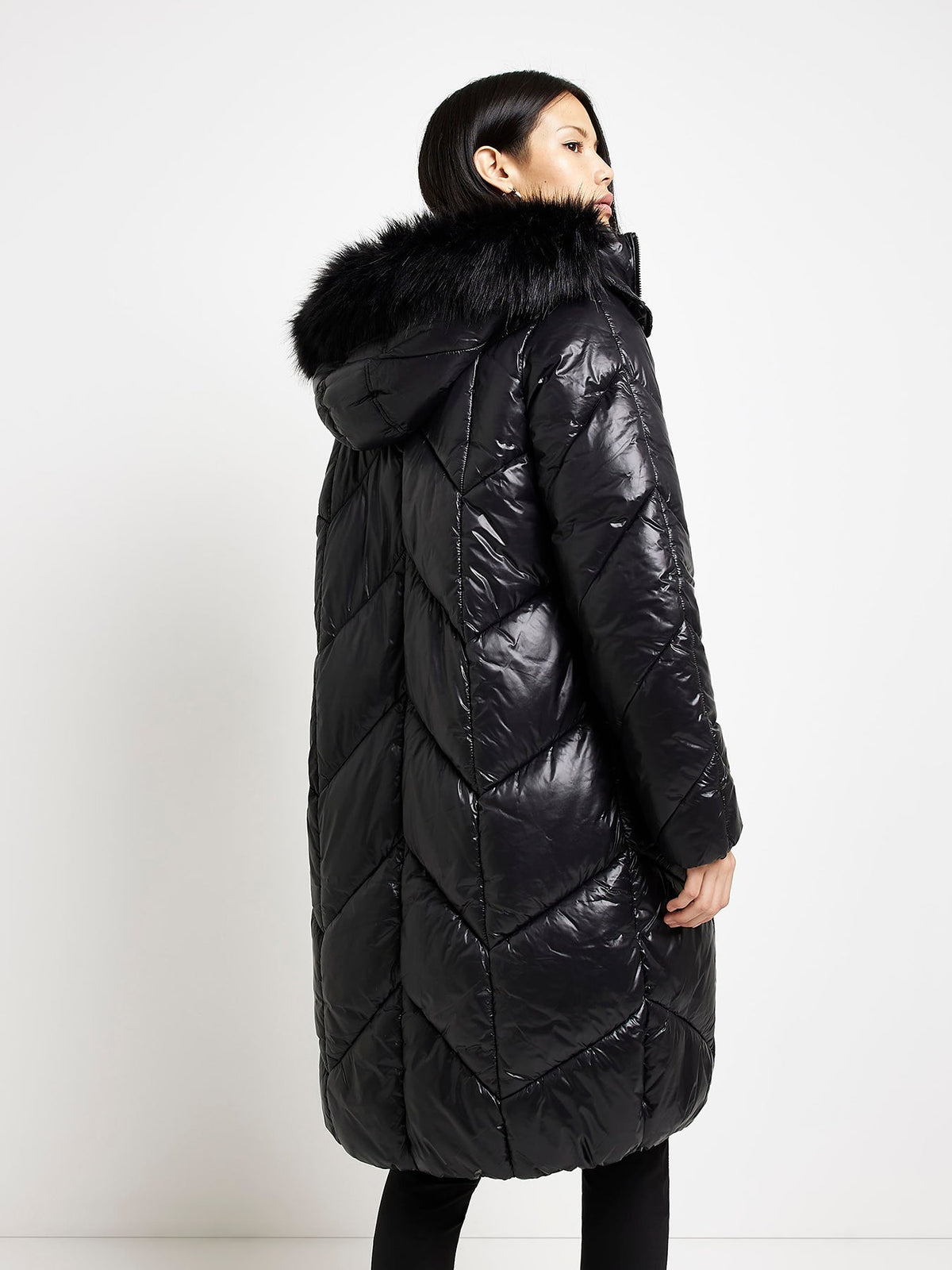 Womens Fur Hood Midi Padded Coat in Black