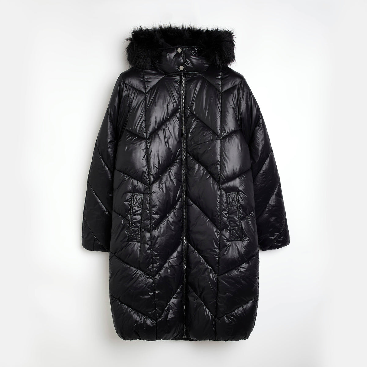 Womens Fur Hood Midi Padded Coat in Black