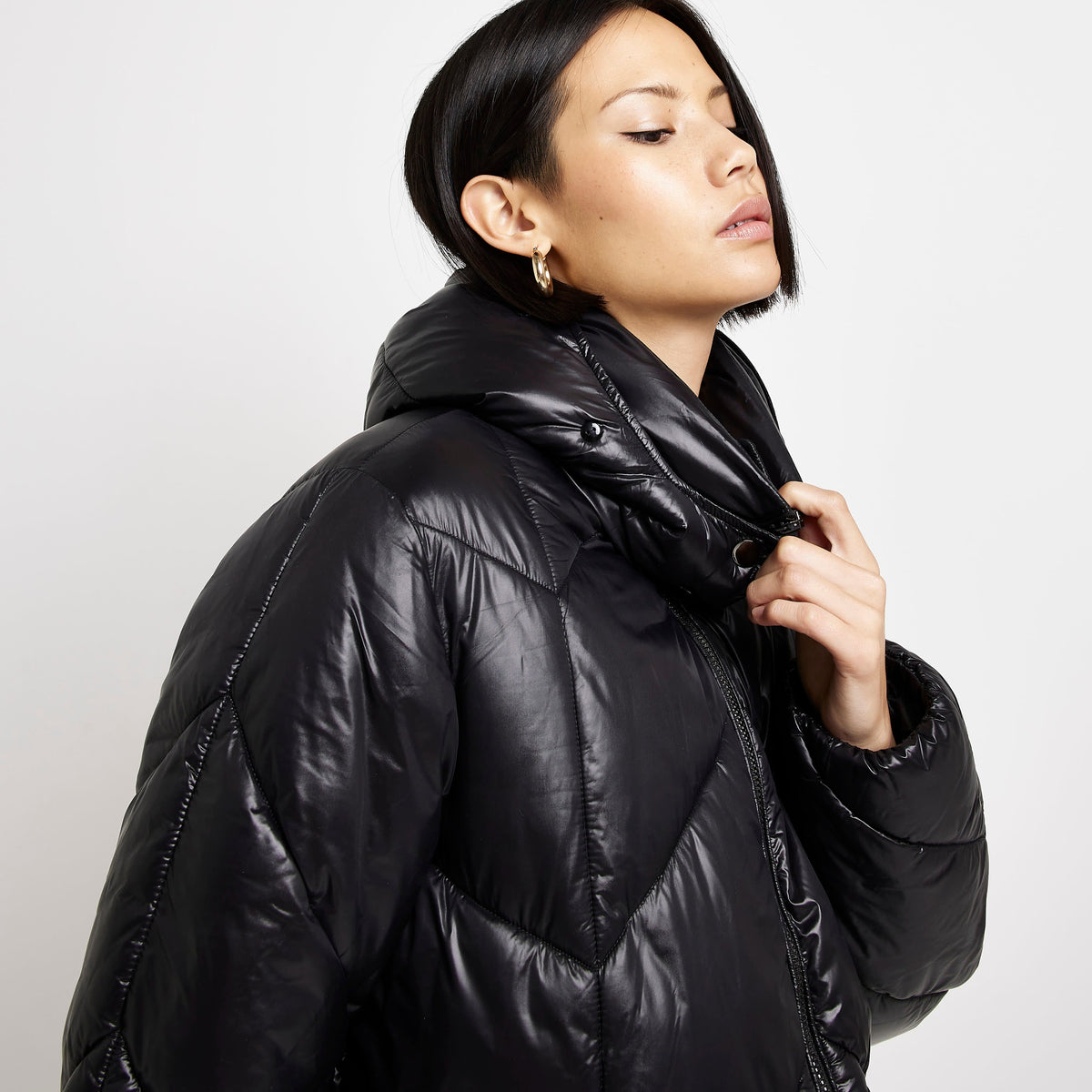 Womens Fur Hood Midi Padded Coat in Black
