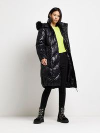 Womens Fur Hood Midi Padded Coat in Black