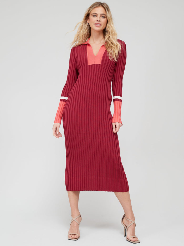 Womens Long Sleeve Collared Midi Dress in Red