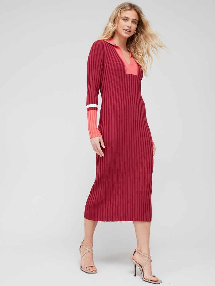 Womens Long Sleeve Collared Midi Dress in Red