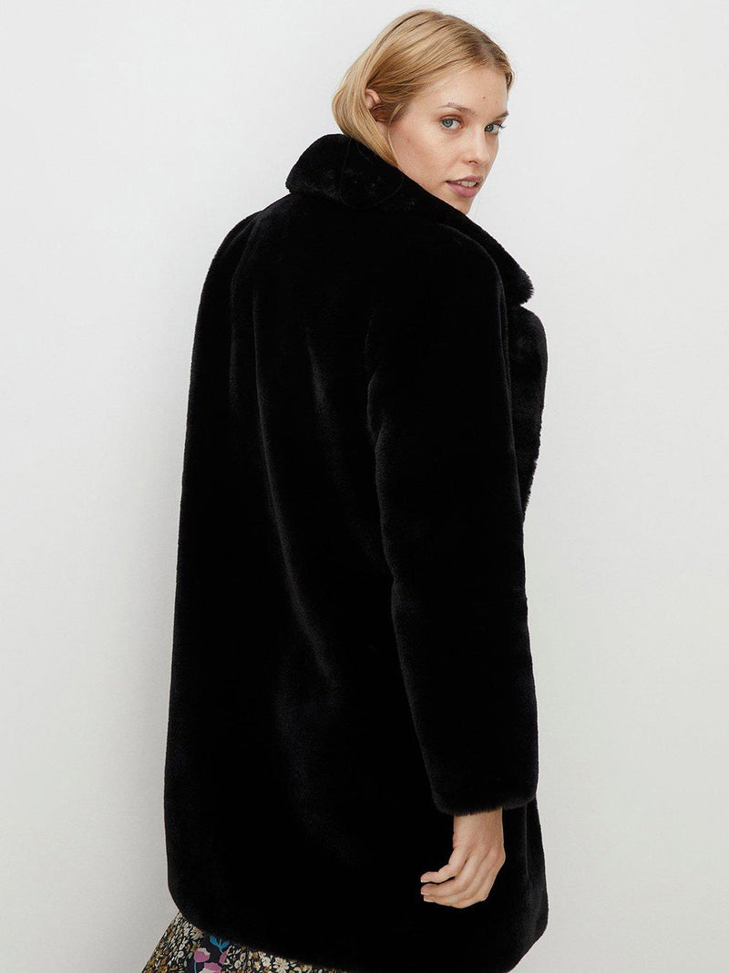 Womens Faux Fur Collared Long Coat in Black